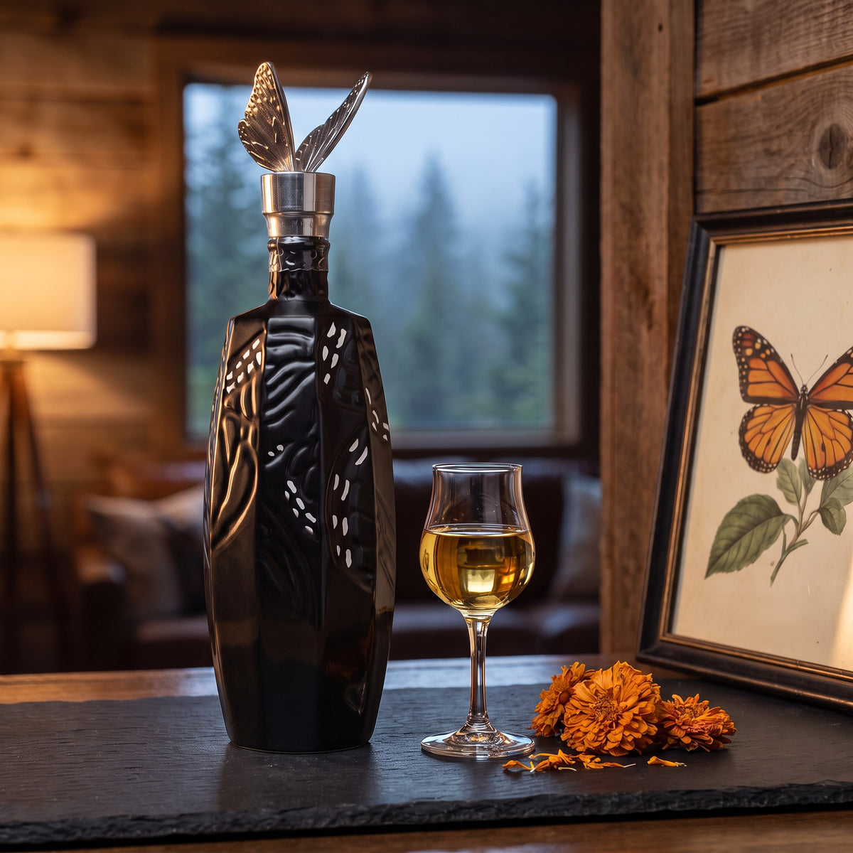 Butterfly Cannon The Winged King Reposado Tequila, 80 proof, on a slate home bar with a copita of reposado, dried marigolds and a framed monarch butterfly print
