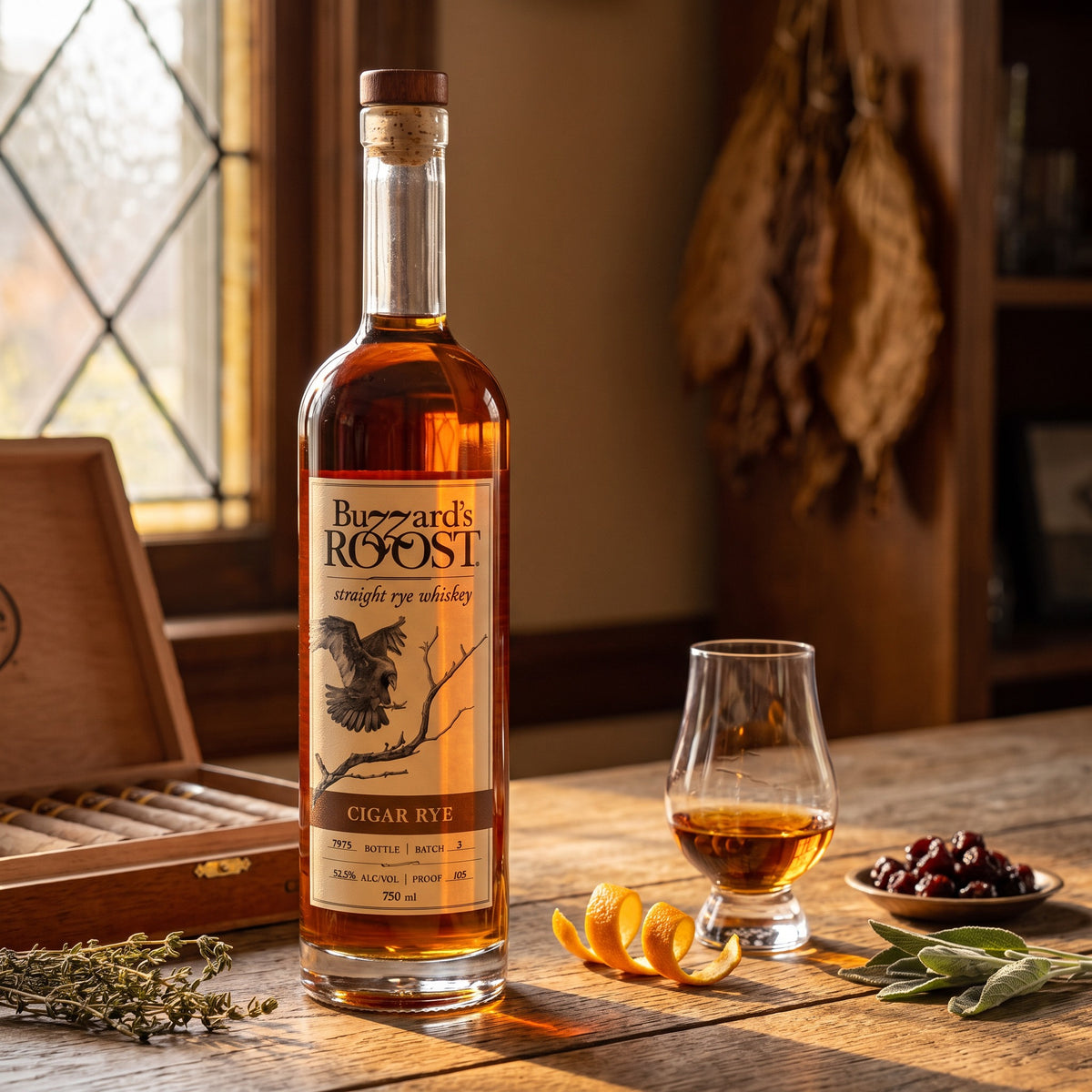 Buzzard's Roost Cigar Rye straight rye whiskey on an oak bar beside an open cedar cigar box, a Glencairn glass, dried orange peel and cherries