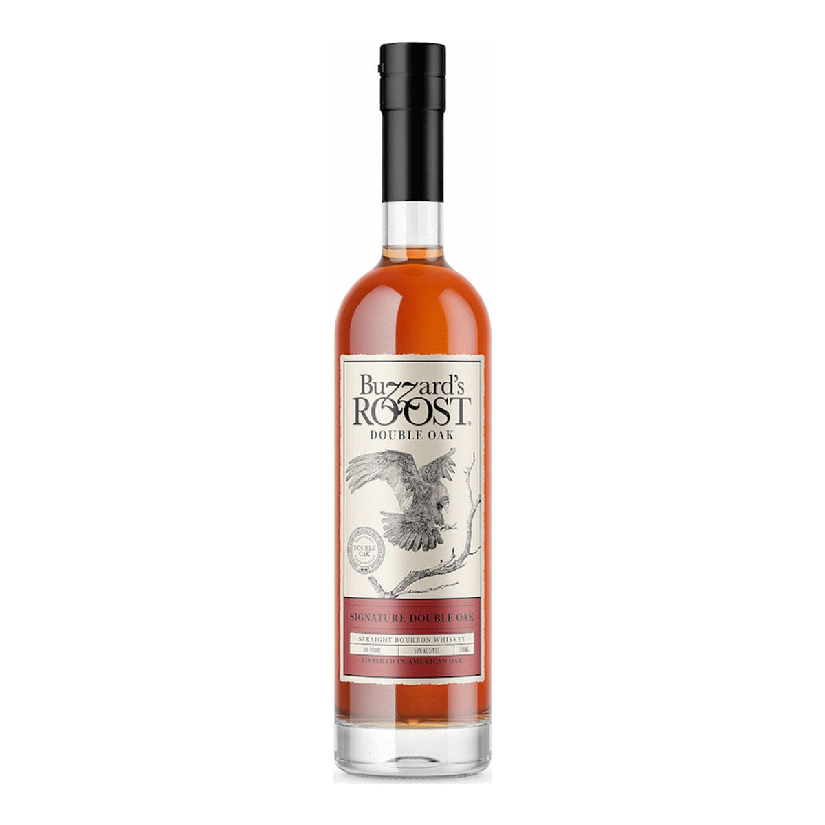 Buzzard's Roost Signature Double Oak straight bourbon whiskey, 100 proof, 750ml bottle on white