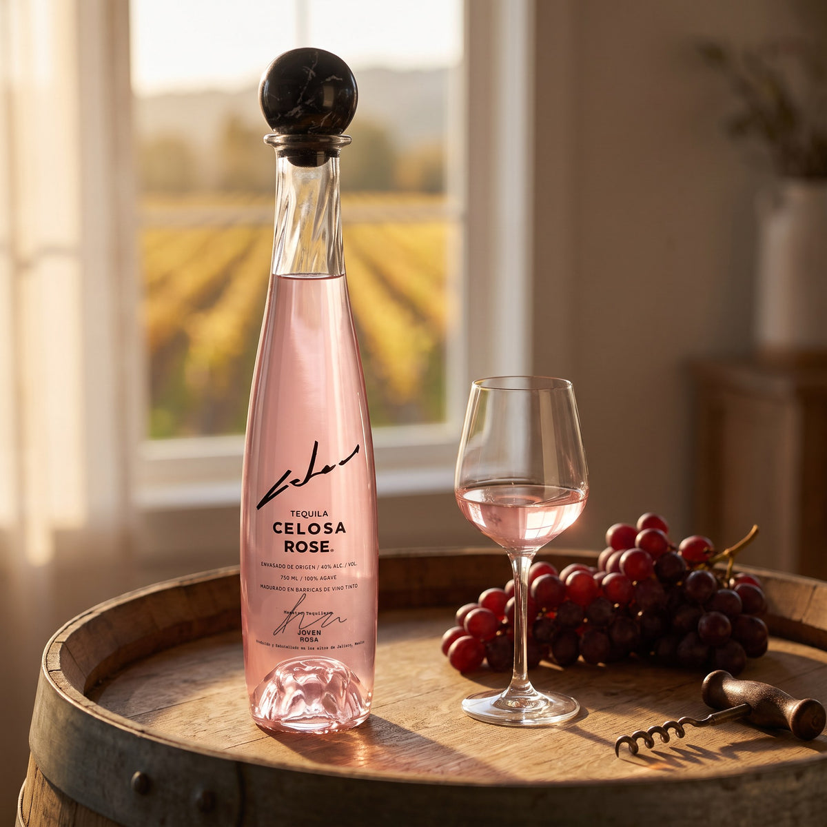 Celosa Rose Tequila, 80 proof, on an oak wine-barrel table with a stemmed copita of pink tequila and red wine grapes, vineyard at golden hour behind