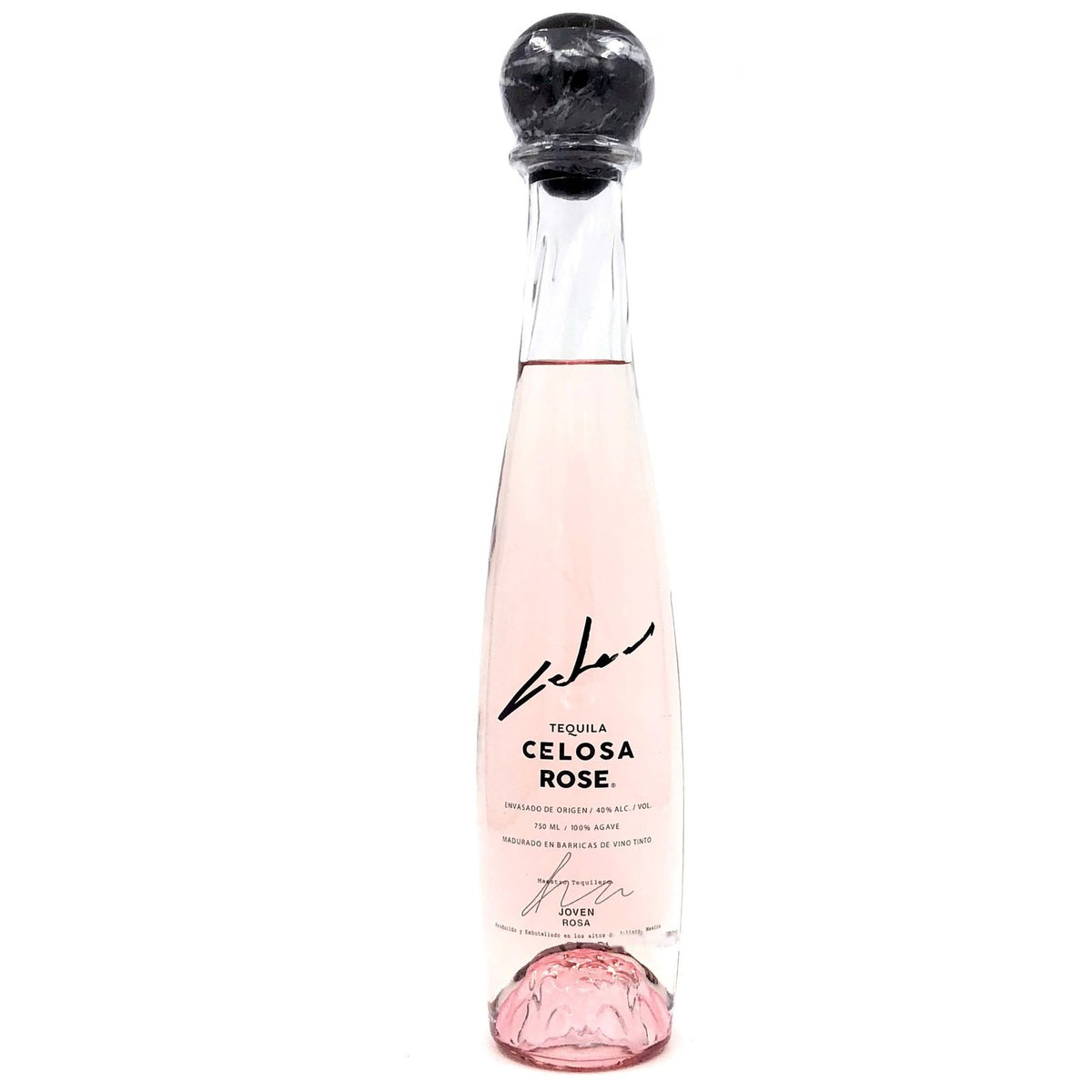 Celosa Rose Tequila bottle, 80 proof, front view on white