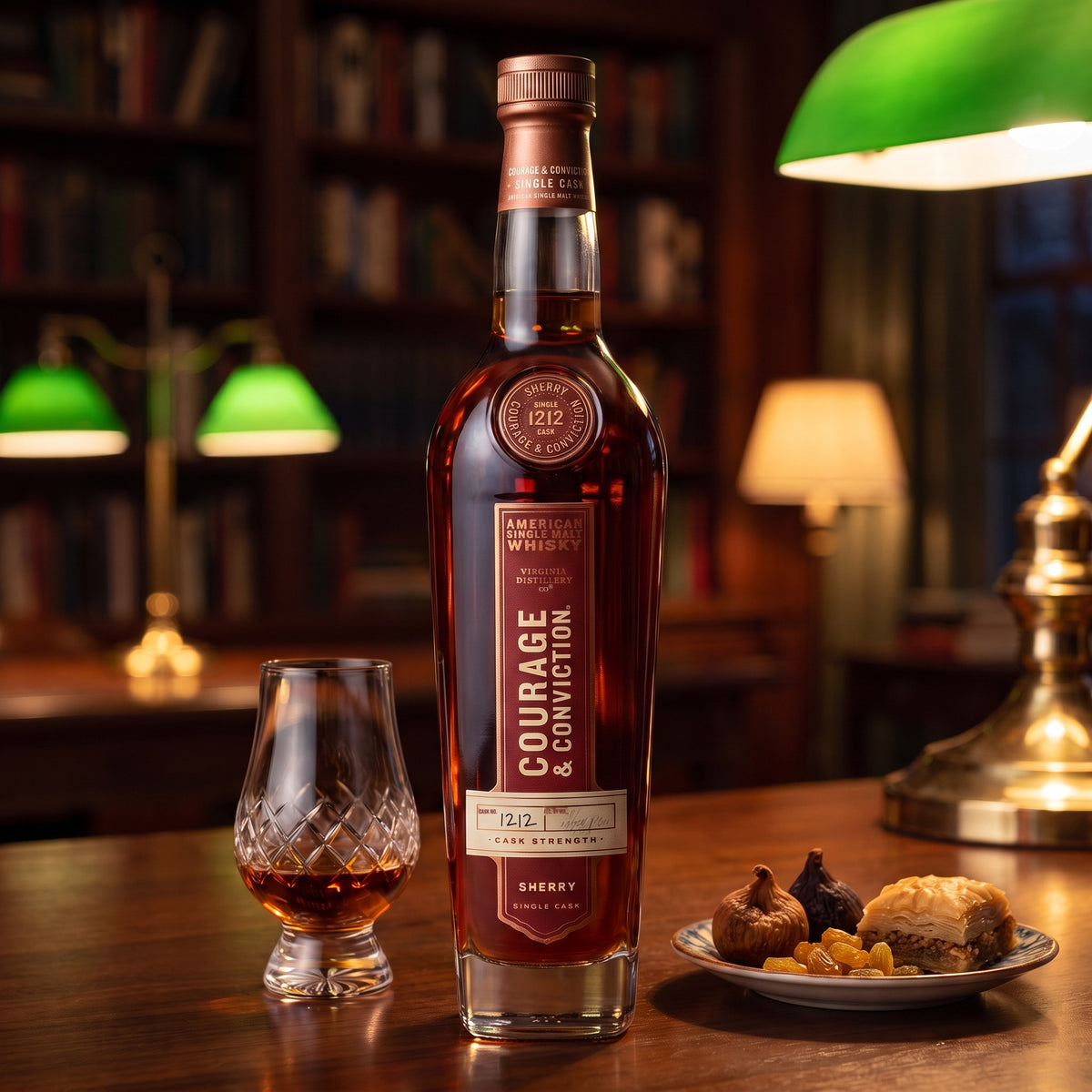 Courage &amp; Conviction Sherry Single Cask No. 1212 on a walnut library bar beside a crystal glass, dried figs, golden raisins and baklava