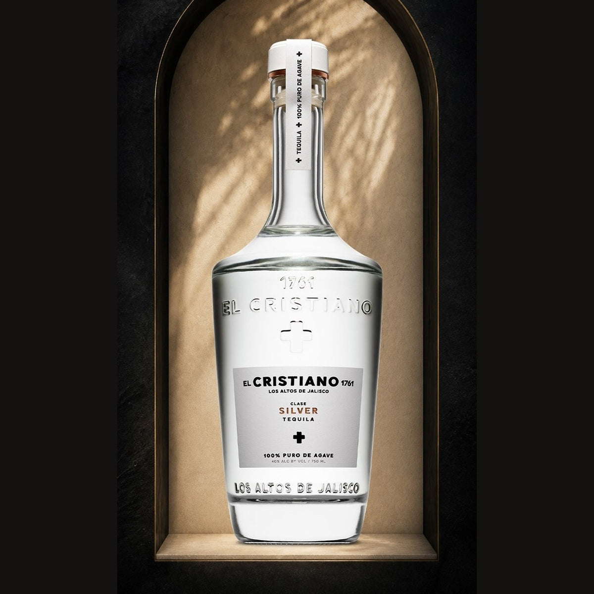El Cristiano Silver Tequila bottle, 80 proof, front view on white