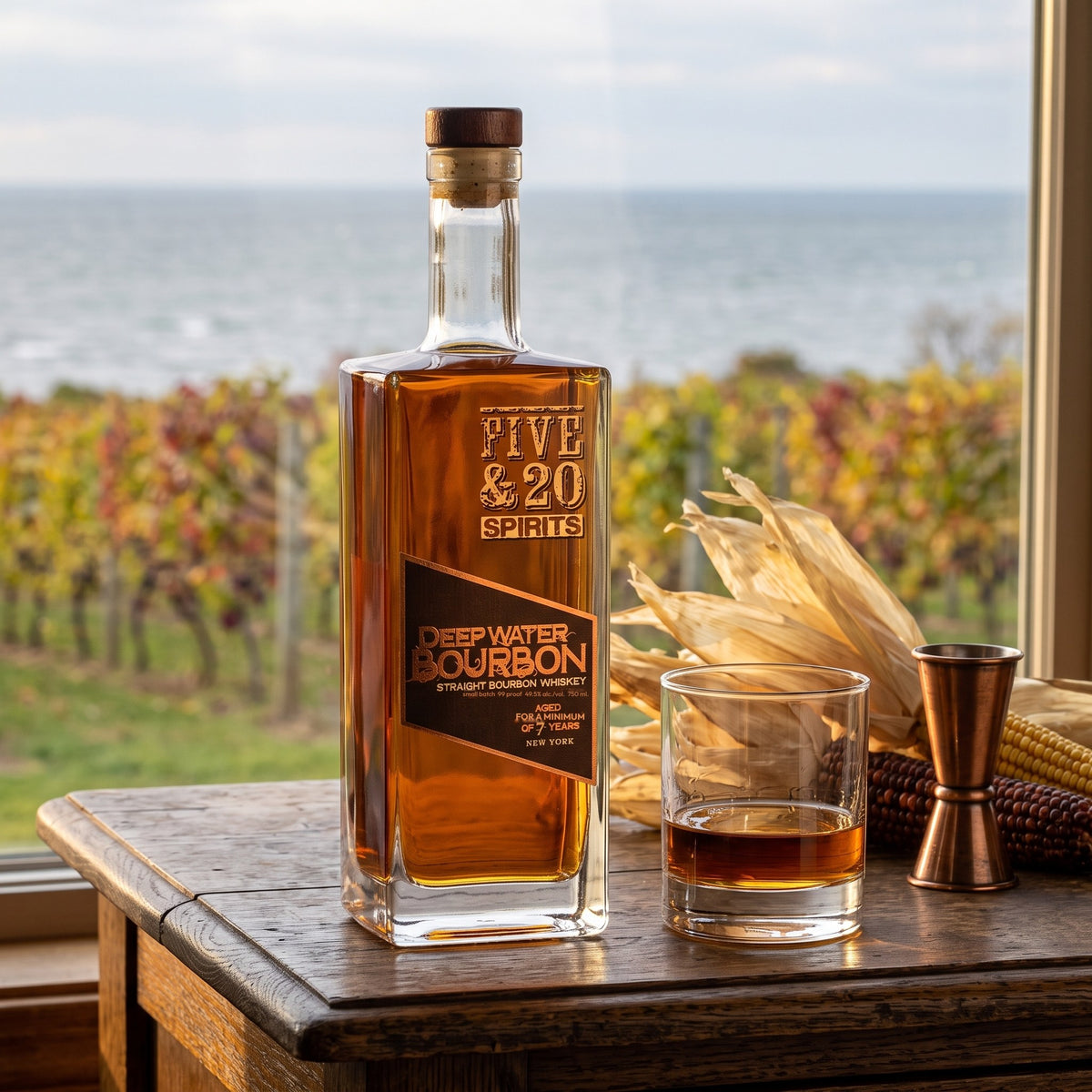 Five &amp; 20 Deep Water Straight Bourbon, 99 proof, on a weathered oak sideboard with a neat pour, dried field corn and a copper jigger, vineyard rows and Lake Erie through the window