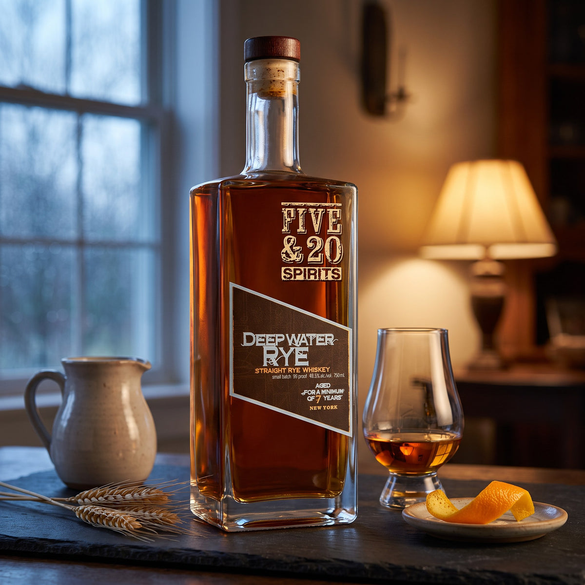 Five &amp; 20 Deep Water Straight Rye, 99 proof, on a slate counter with a tasting glass, a water pitcher, rye stalks and a strip of orange peel, lamp light and a rainy window behind
