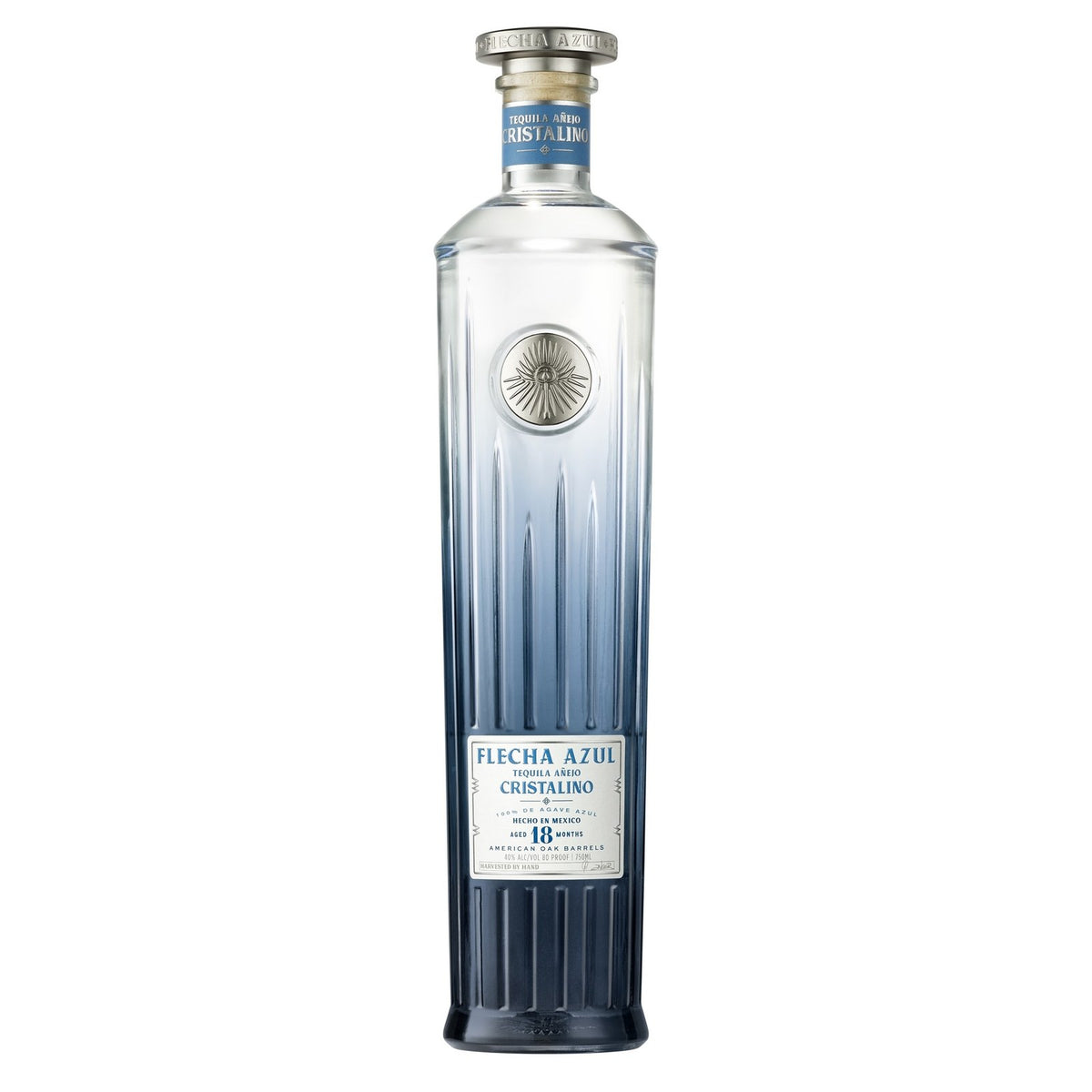 Flecha Azul Añejo Cristalino Tequila bottle, 80 proof, front view on white