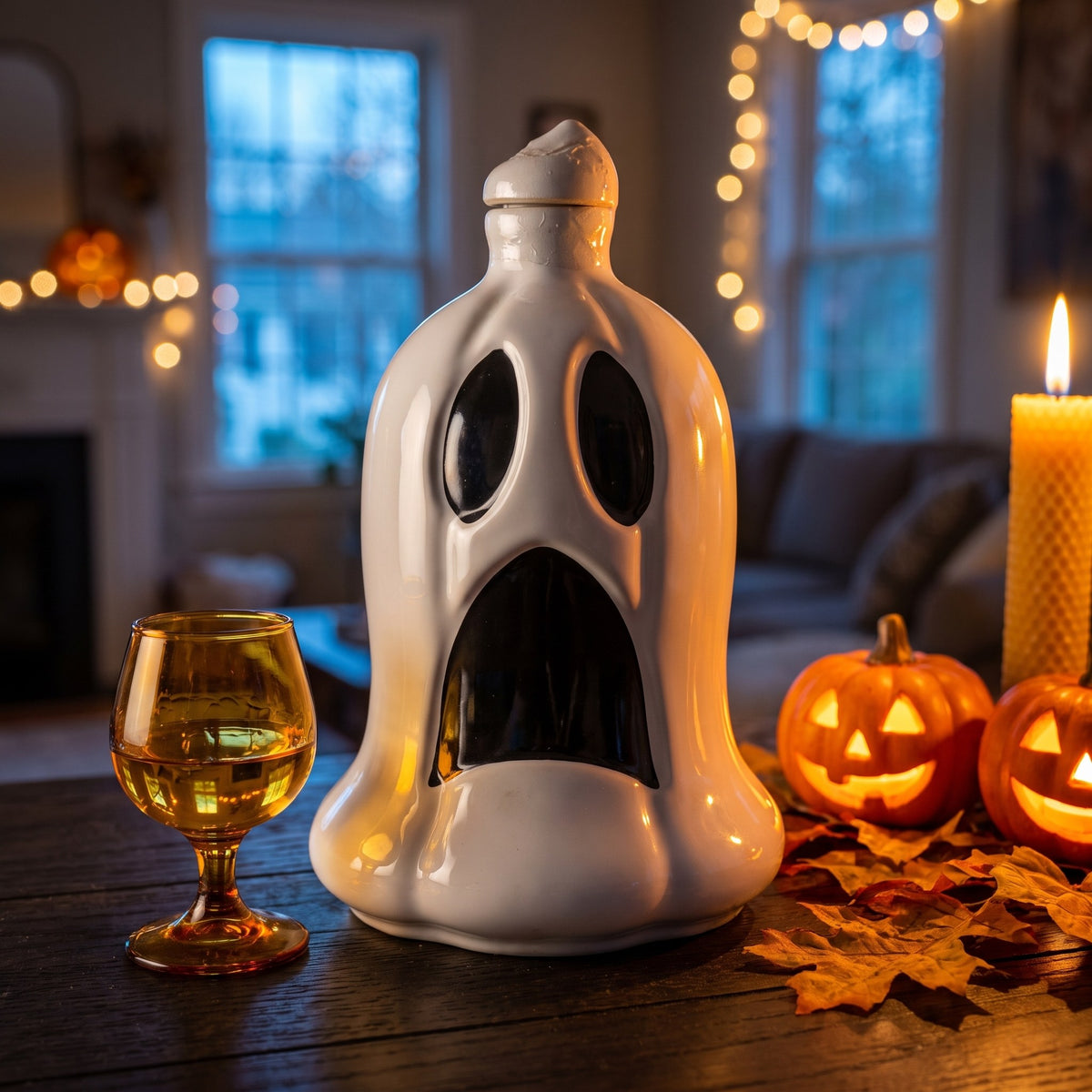 Gran Agave Ghost Edition Reposado Tequila, 80 proof, on an oak home bar with glowing carved pumpkins, autumn leaves and a copita of reposado at dusk