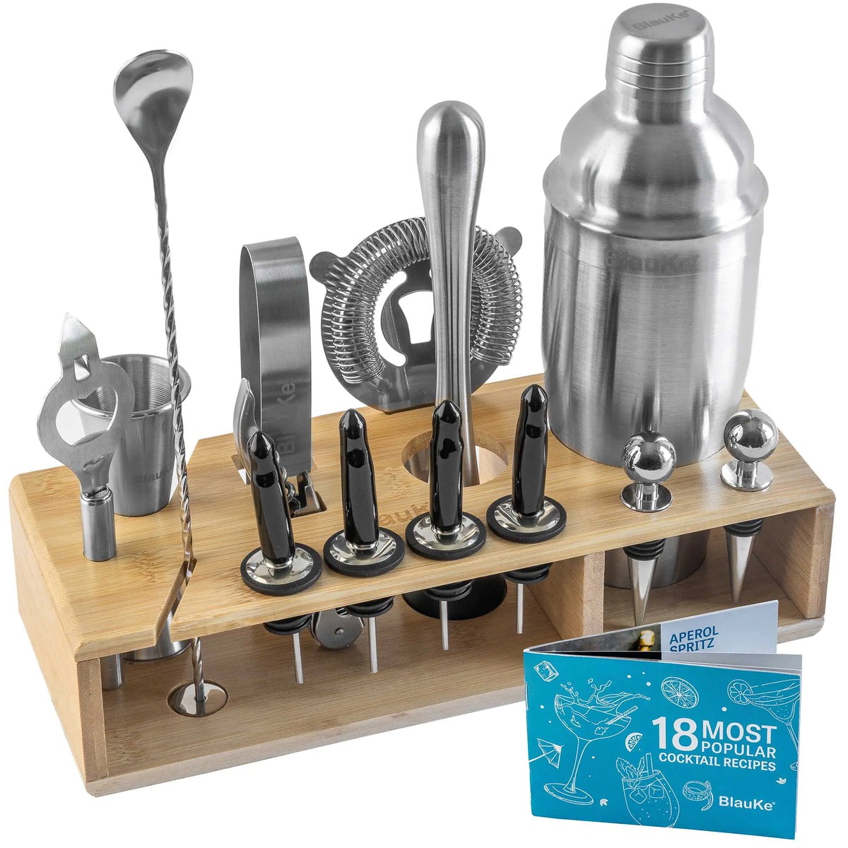 Stainless Steel Cocktail Shaker Set with Stand - 17-Piece Mixology Bartender Kit