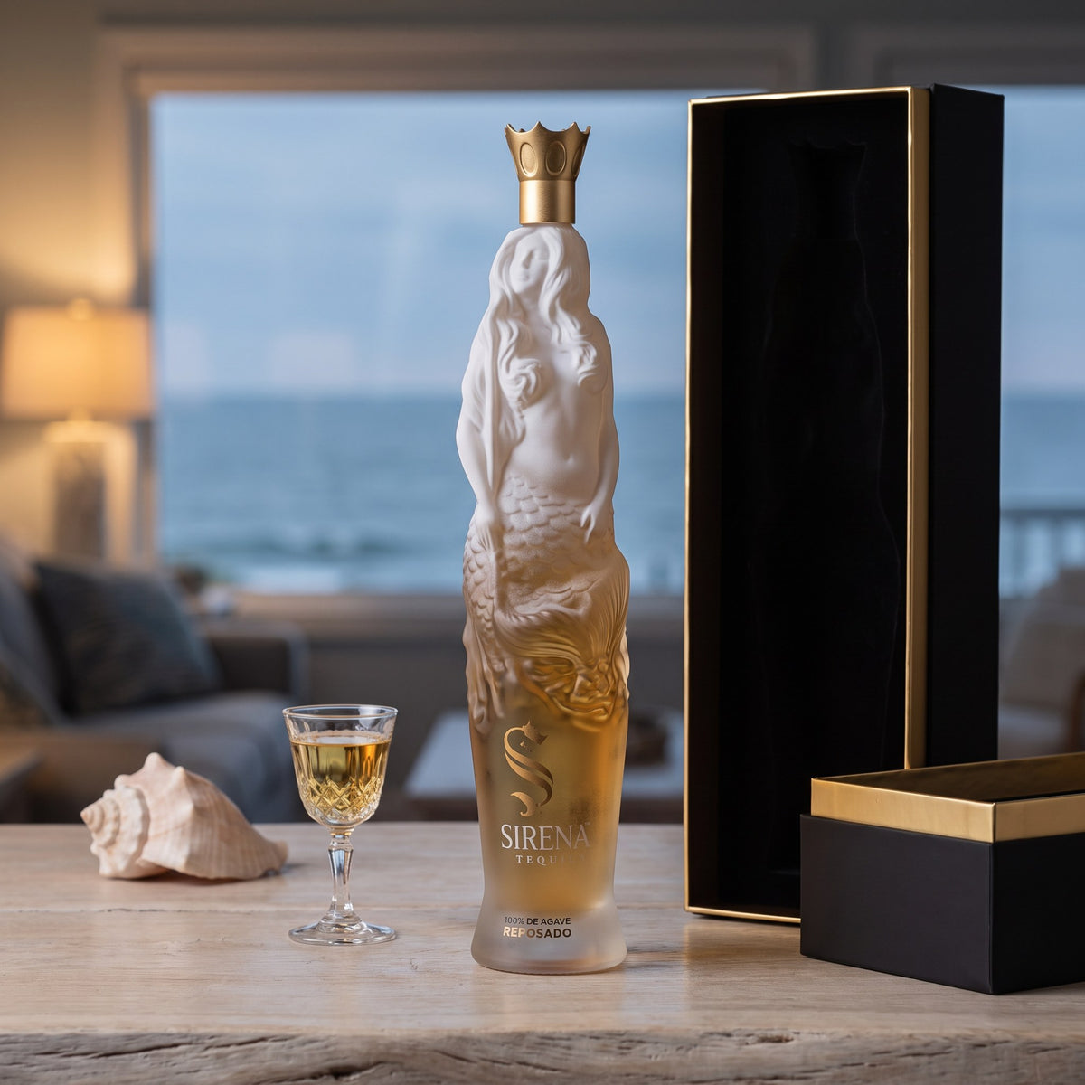 La Sirena Reposado Tequila, 80 proof, on a driftwood home bar beside its open black presentation case, a copita of reposado and a conch shell, with the sea at dusk behind