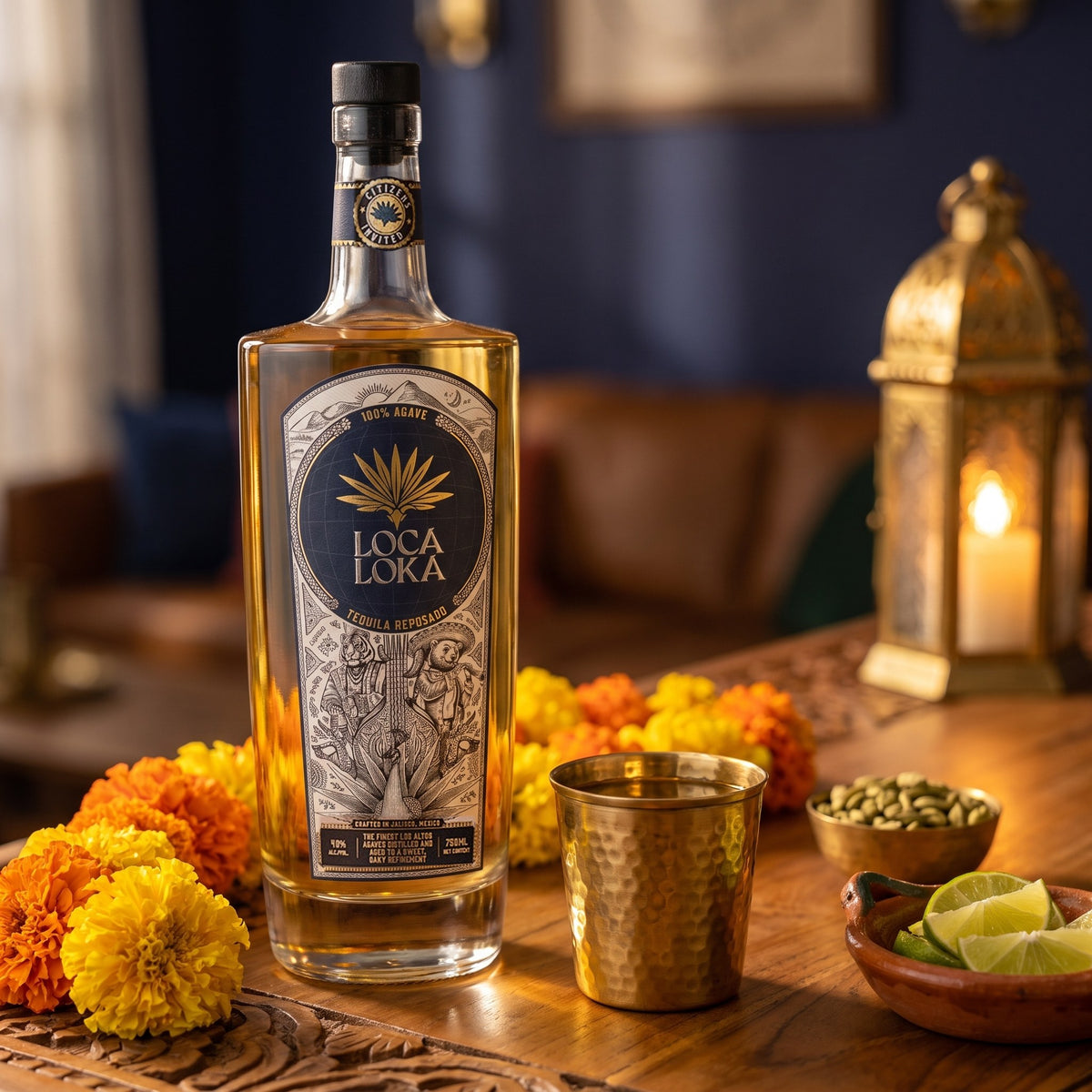 Loca Loka Tequila Reposado, 80 proof, on a carved teak home bar with a brass cup of reposado, a marigold garland and lime wedges