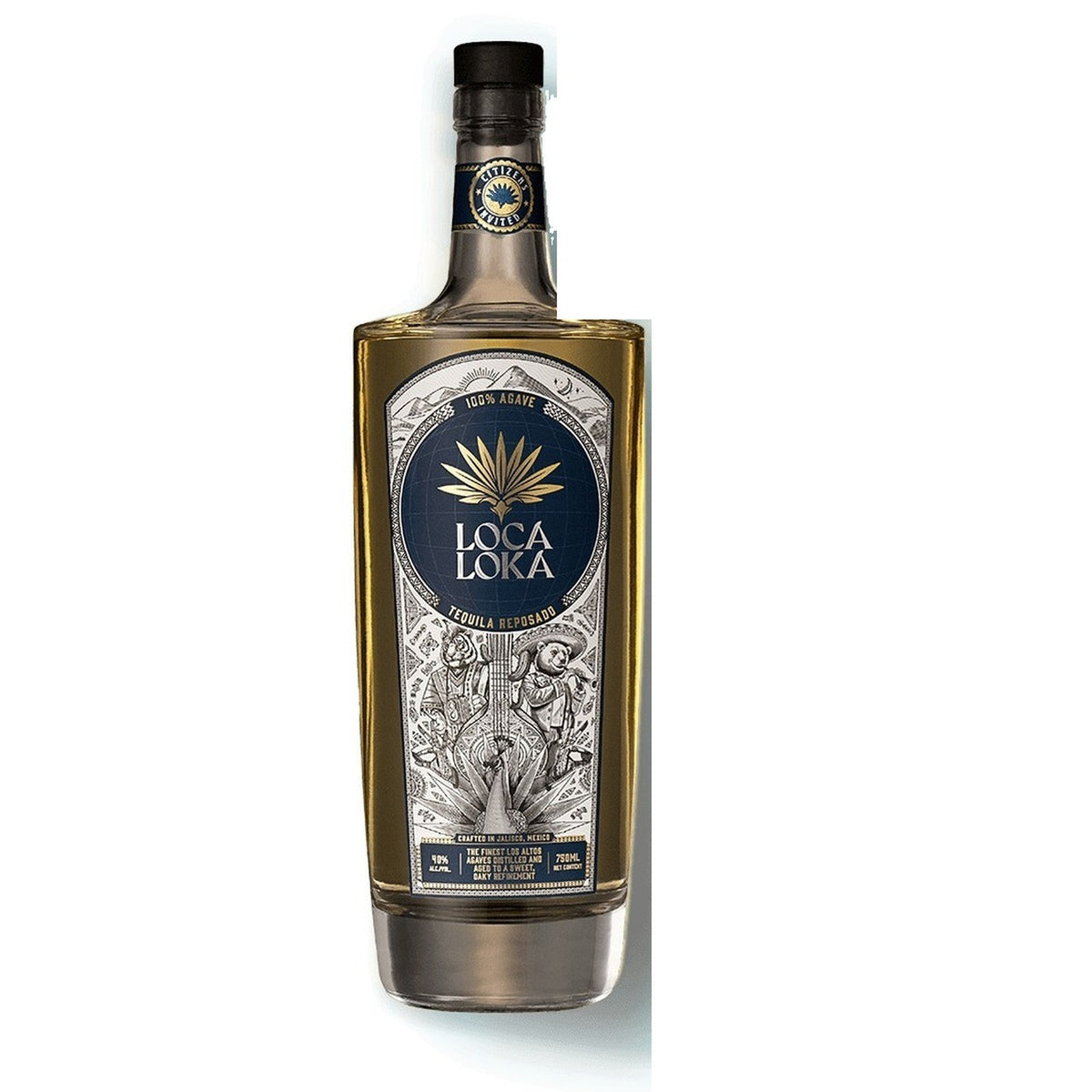 Loca Loka Tequila Reposado bottle, 80 proof, front view on white