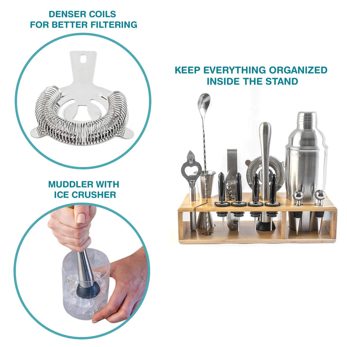 Stainless Steel Cocktail Shaker Set with Stand - 17-Piece Mixology Bartender Kit