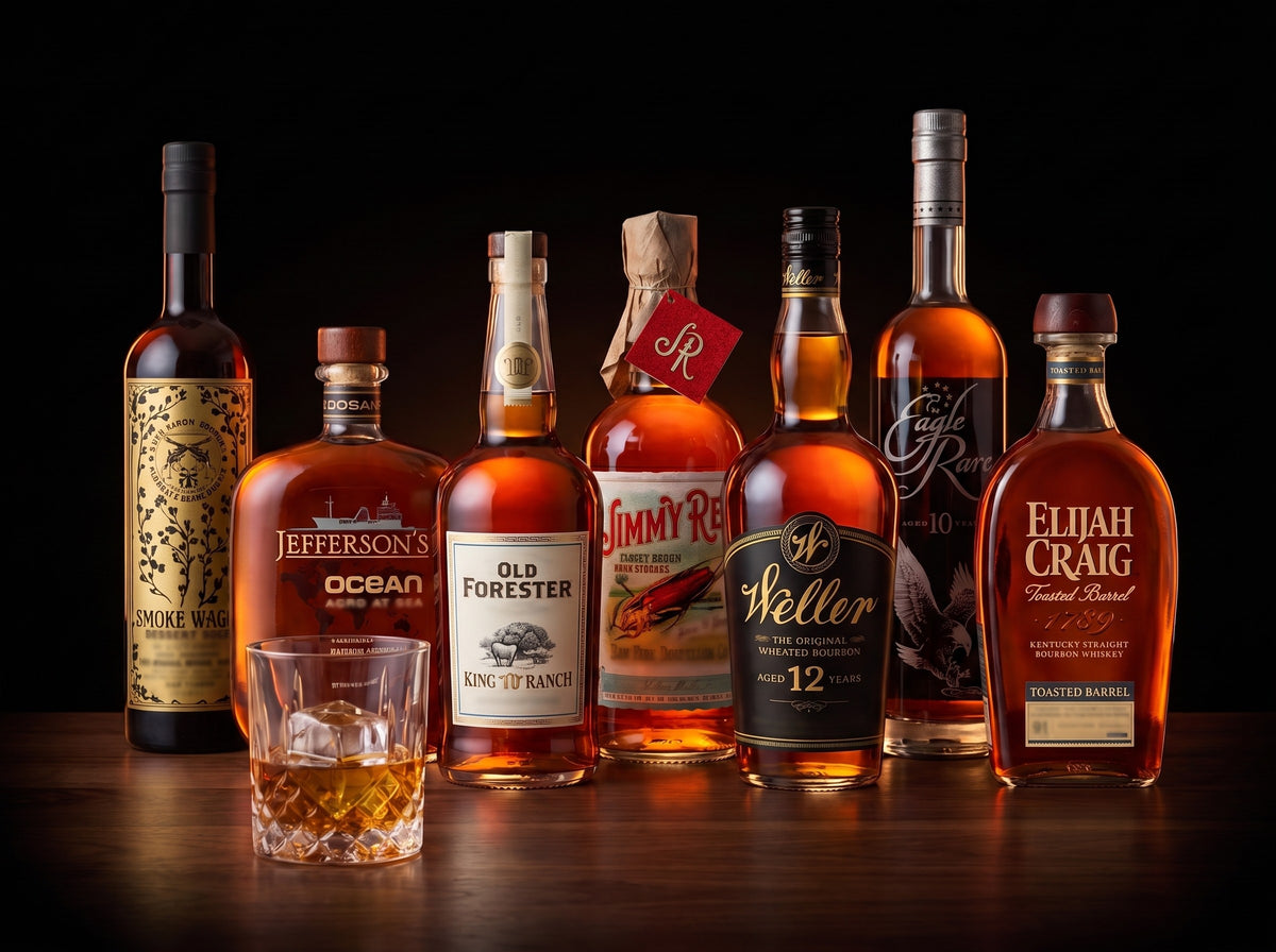 A lineup of bourbons: Smoke Wagon, Jefferson's Ocean, Old Forester King Ranch, Jimmy Red, Weller 12, Eagle Rare 10 and Elijah Craig Toasted Barrel, with a pour on the rocks