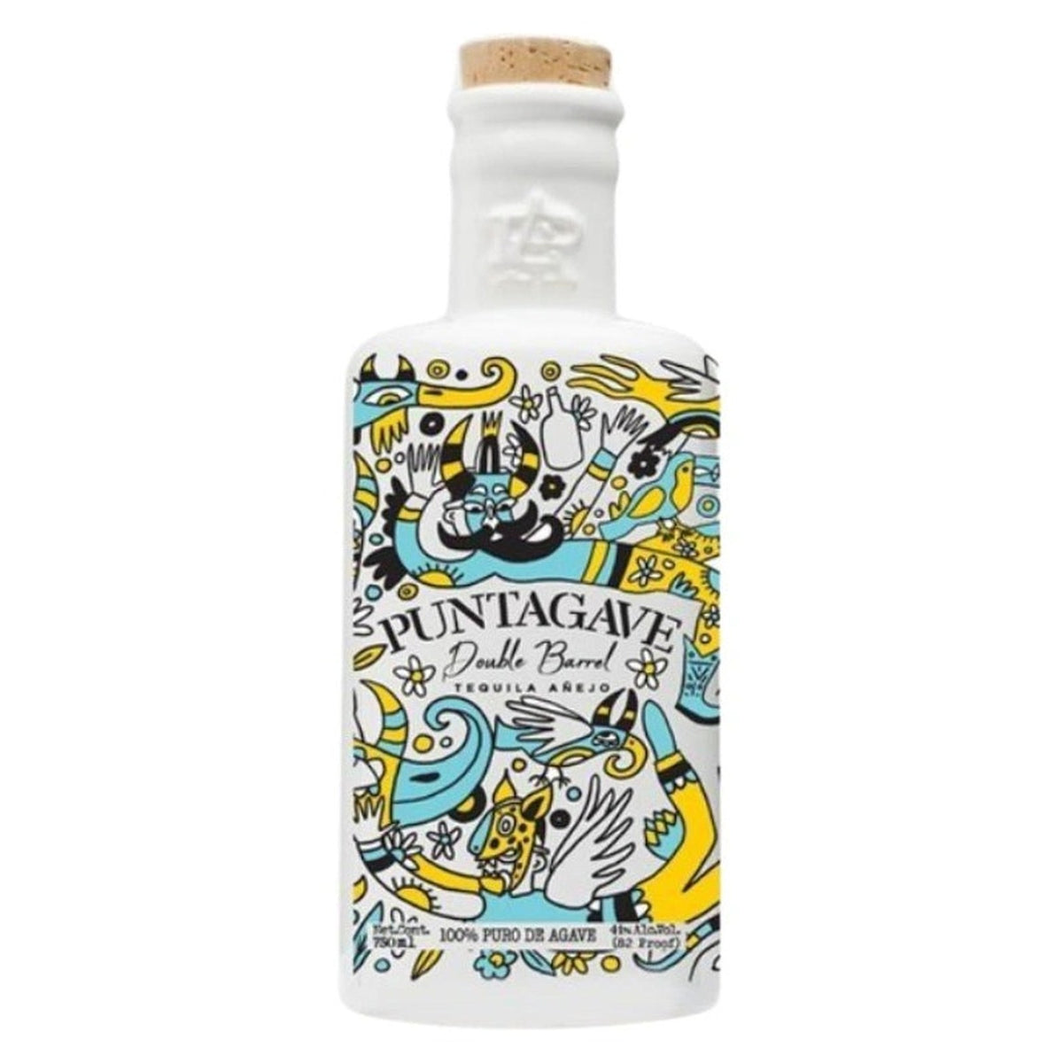 Puntagave Double Barrel Añejo Tequila, Ceramic Edition bottle, 82 proof, front view on white
