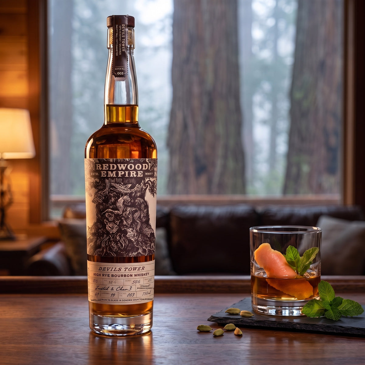 Redwood Empire Devils Tower High Rye Bourbon, 99 proof, on a walnut bar beside a neat pour with grapefruit peel and mint, foggy redwoods outside