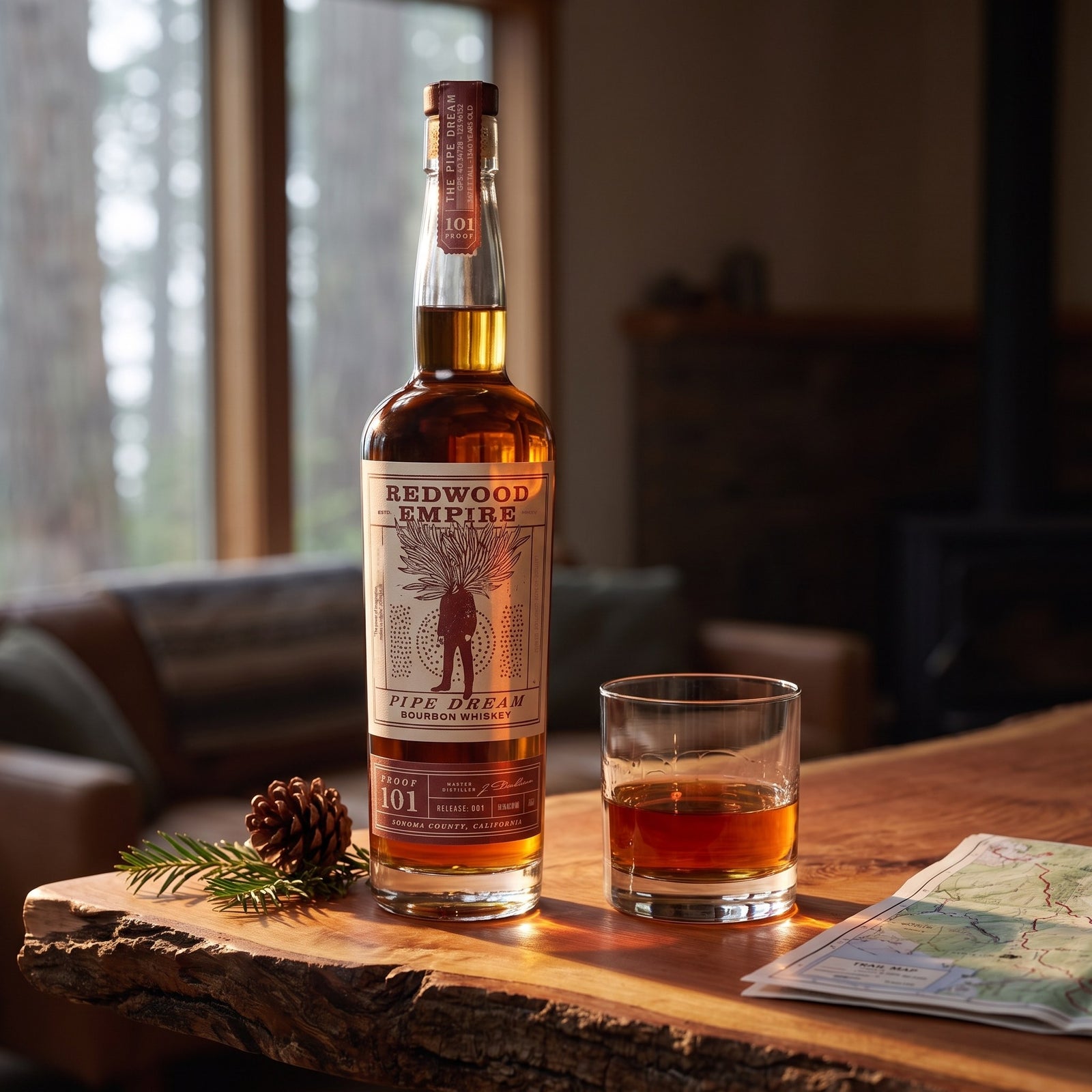 Redwood Empire Pipe Dream 101 proof bourbon on a live-edge redwood bar top beside a neat pour, with misty redwoods through the window