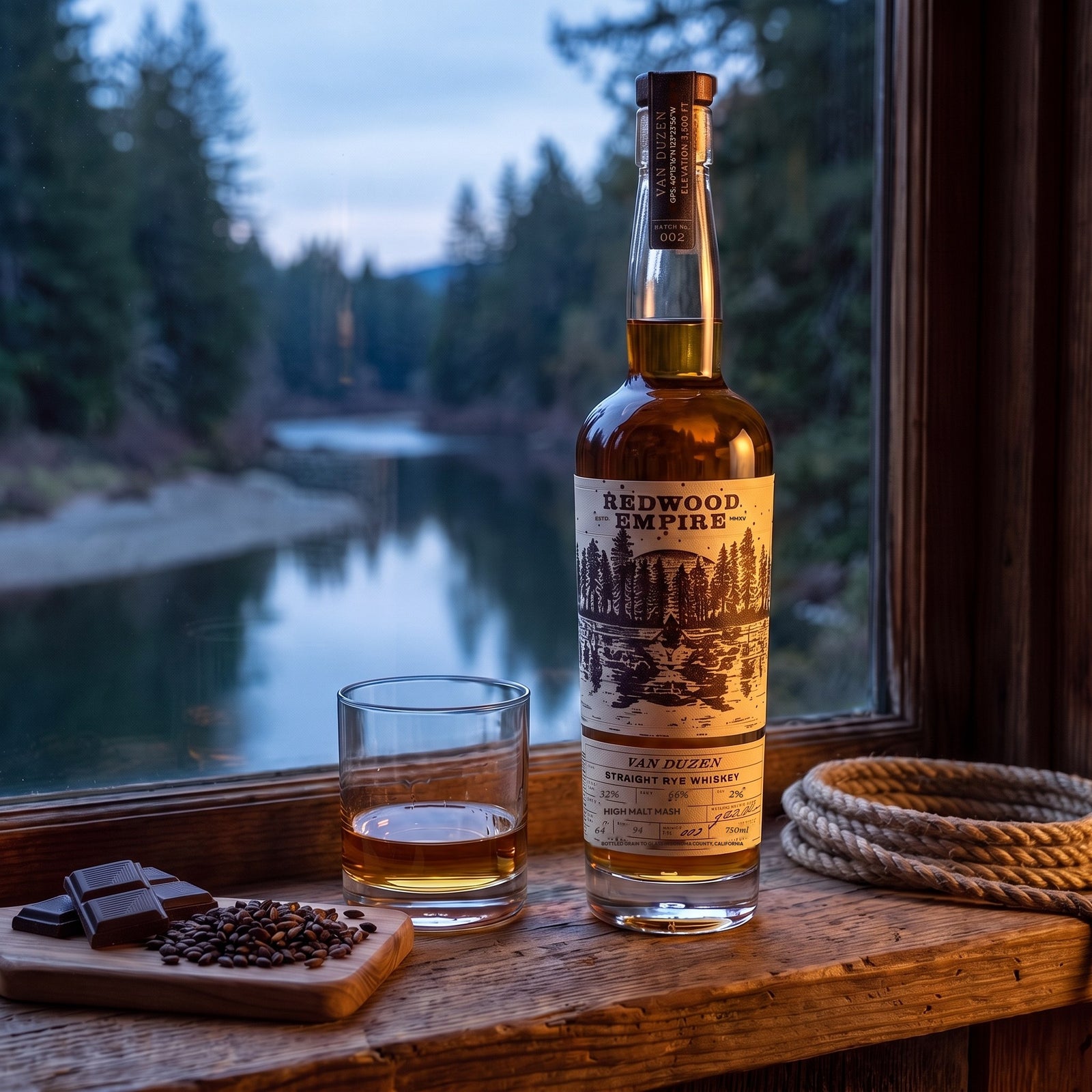 Redwood Empire Van Duzen Straight Rye, 94 proof, on a cabin windowsill beside a neat pour, dark chocolate and roasted malted barley, a river at dusk outside