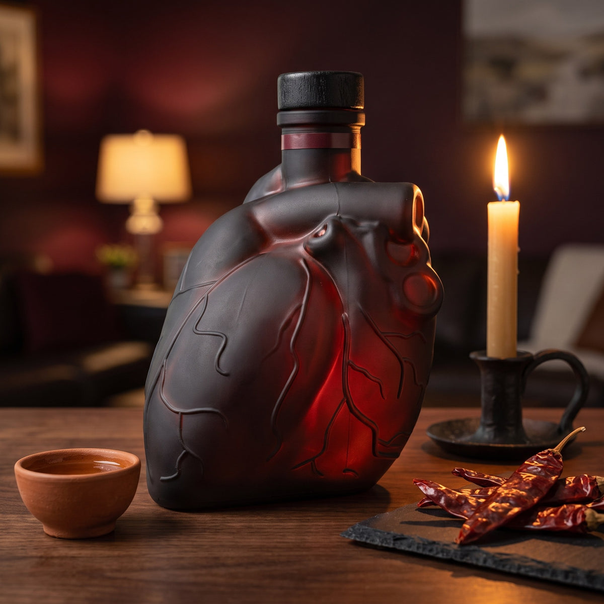 Sangre de Vida Reposado Tequila, 110 proof, on a walnut home bar by candlelight, with a clay copita of reposado and dried guajillo chiles