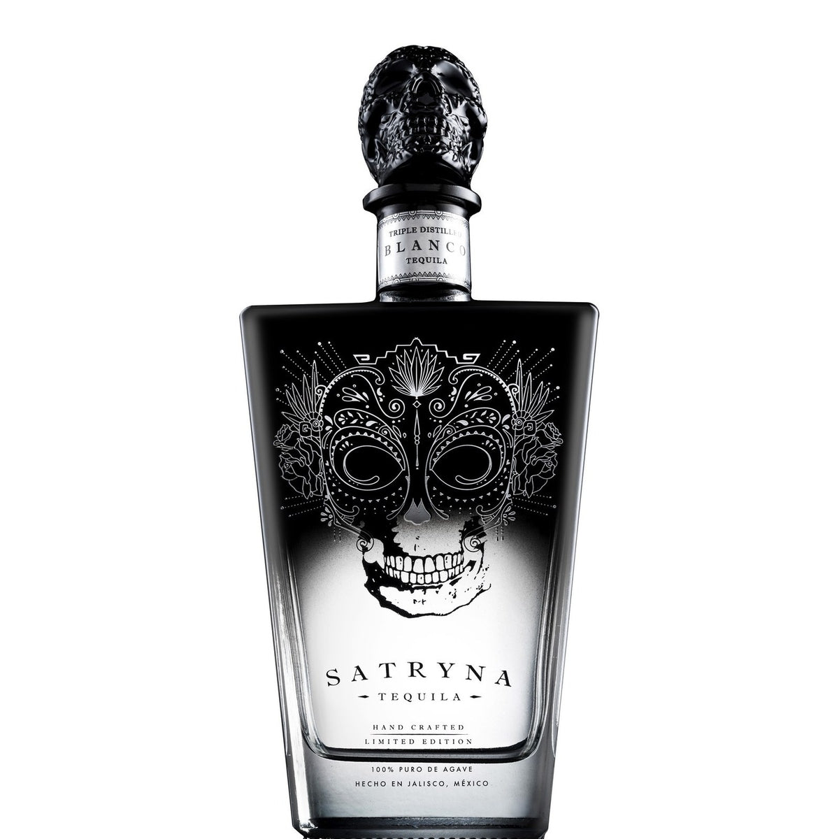 Satryna Tequila Blanco bottle, 80 proof, front view on white