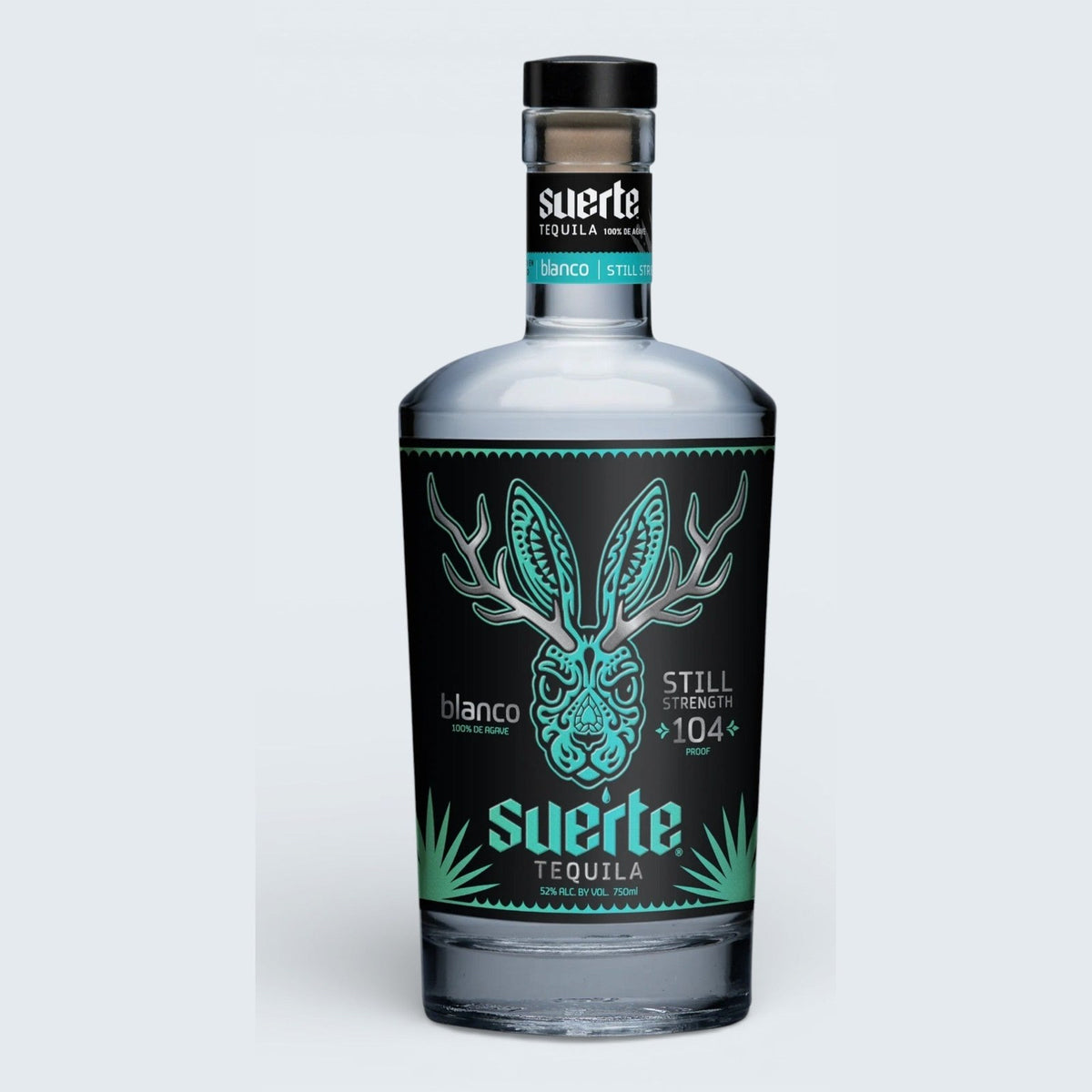 Suerte Still Strength Blanco Tequila bottle, 104 proof, front view on white
