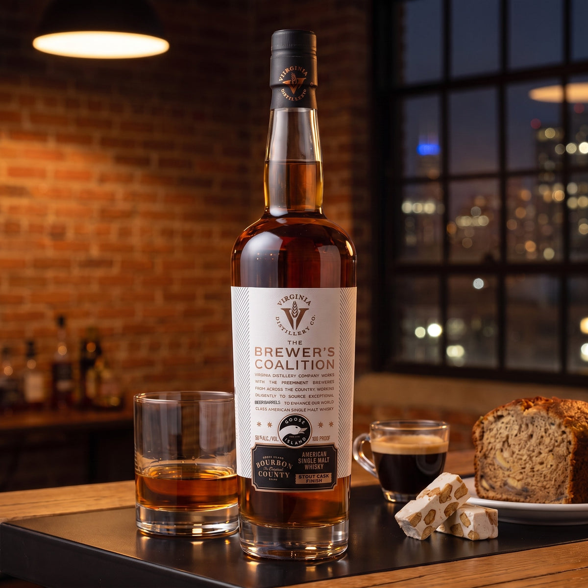 Virginia Distillery Co. Brewer's Coalition Goose Island Bourbon County Stout Cask Finish single malt in a brick loft with espresso, banana bread and nougat