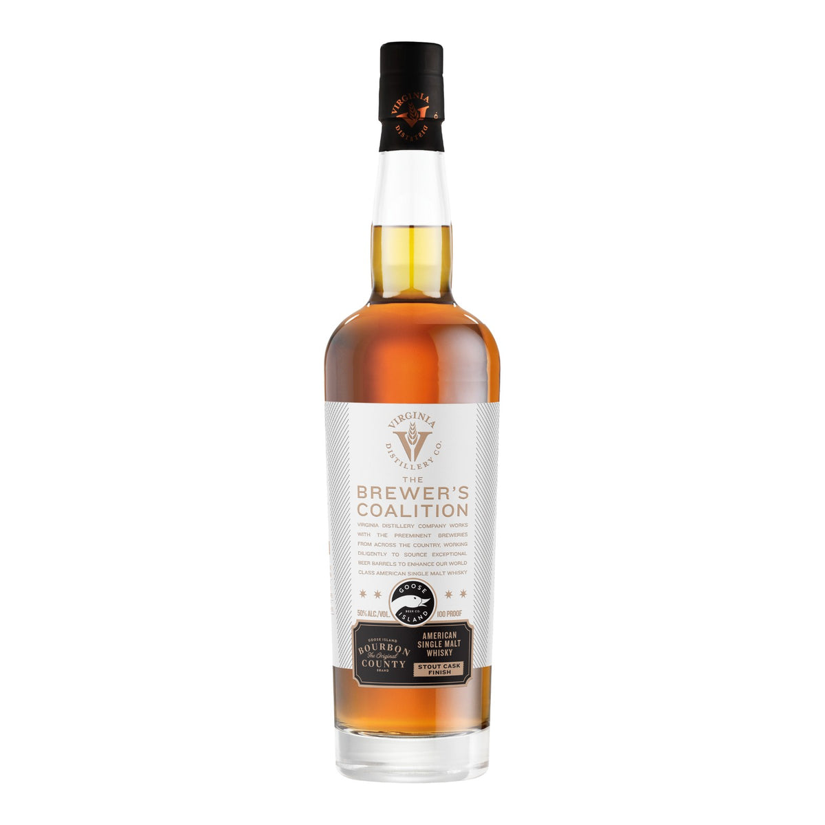 Virginia Distillery Co. Goose Island Bourbon County Stout Cask Finish American single malt, 2025 edition, 100 proof, 700ml bottle on white