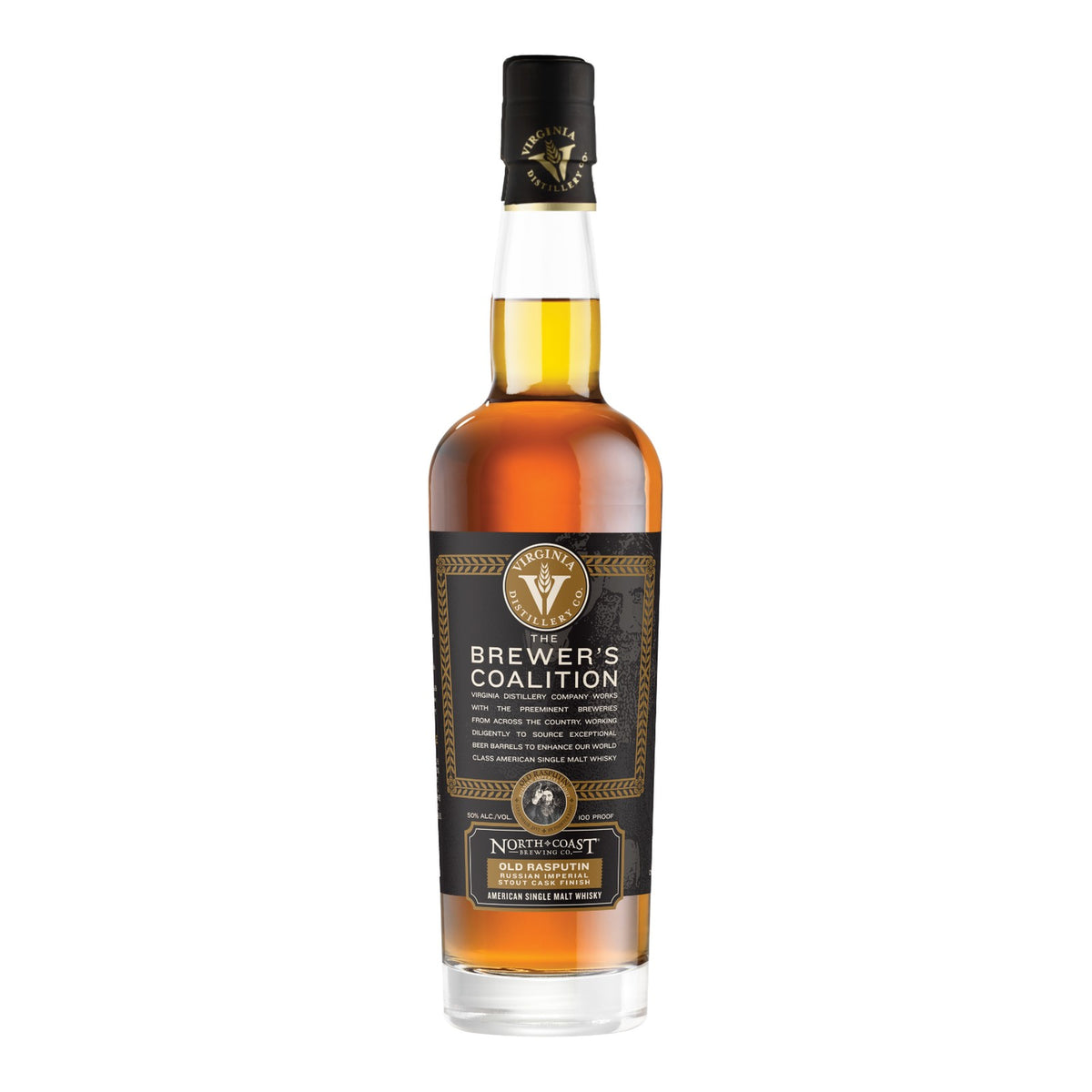 Virginia Distillery Co. Old Rasputin Russian Imperial Stout Cask Finish American single malt, 100 proof, 700ml bottle on white