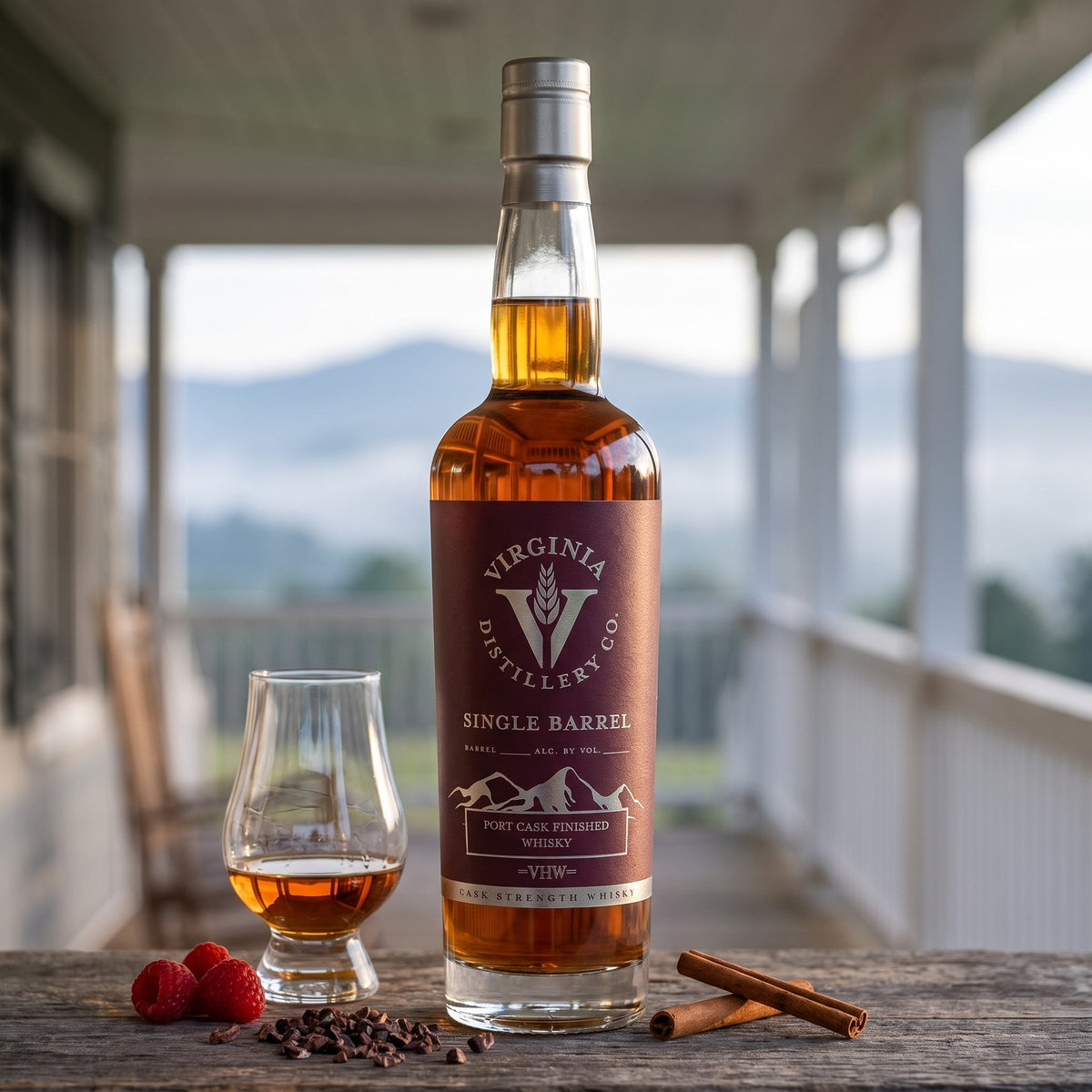 Virginia Distillery Co. VHW Single Barrel Port Cask Finished Whisky on a barn-wood bar with raspberries, cocoa nibs and cinnamon, Blue Ridge mountains behind
