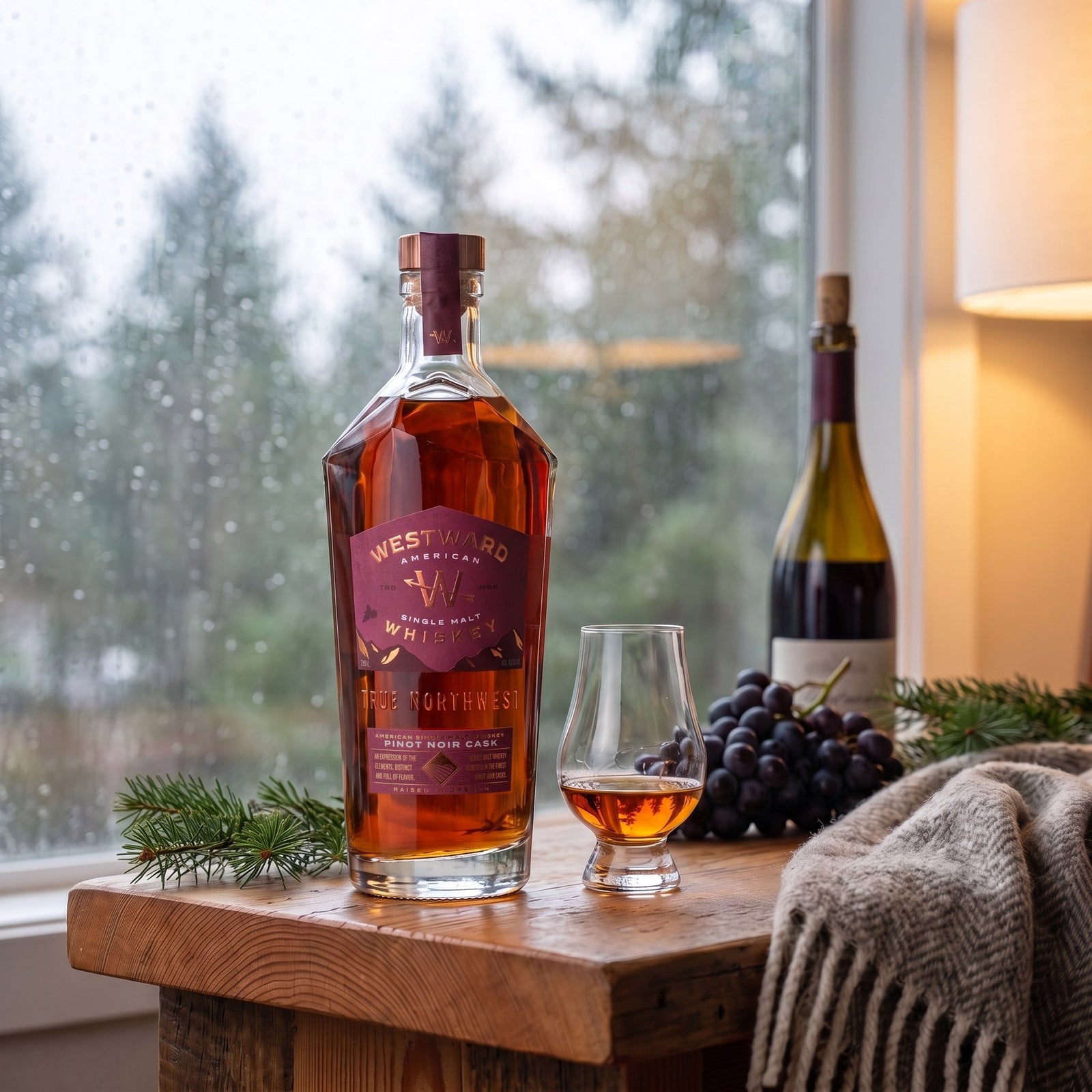 Westward Pinot Noir Cask single malt on a Douglas fir bar by a rainy window with a tasting glass and pinot grapes